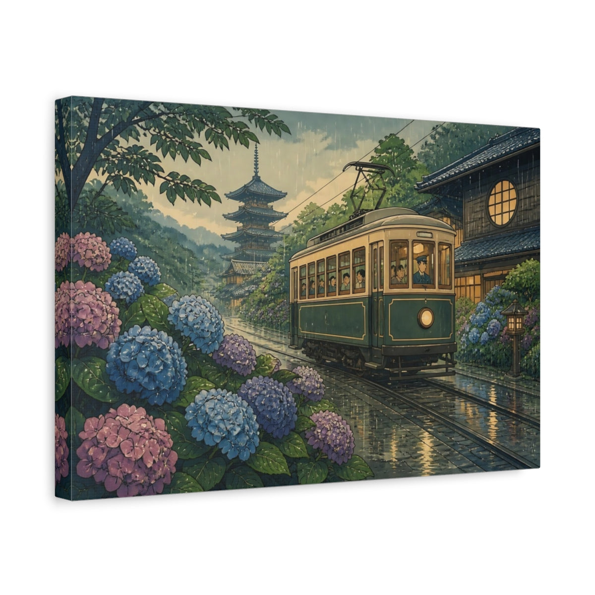 Side Mockup 4. Hydrangea Tram In Rain shown as canvas print