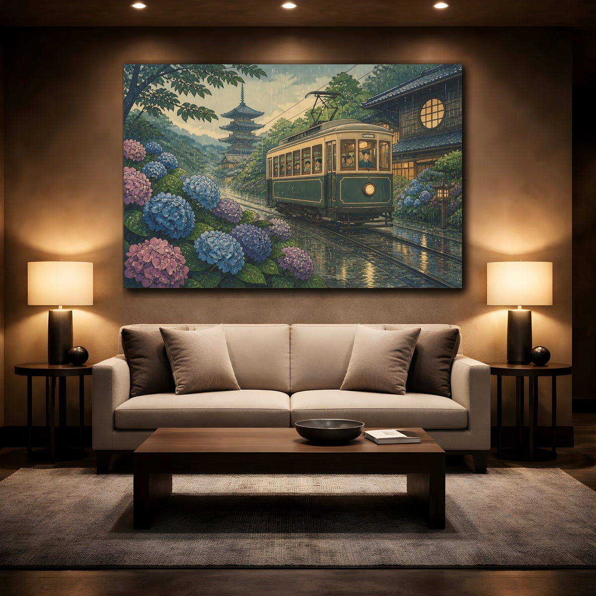 Mockup 2. Hydrangea Tram In Rain shown as canvas print