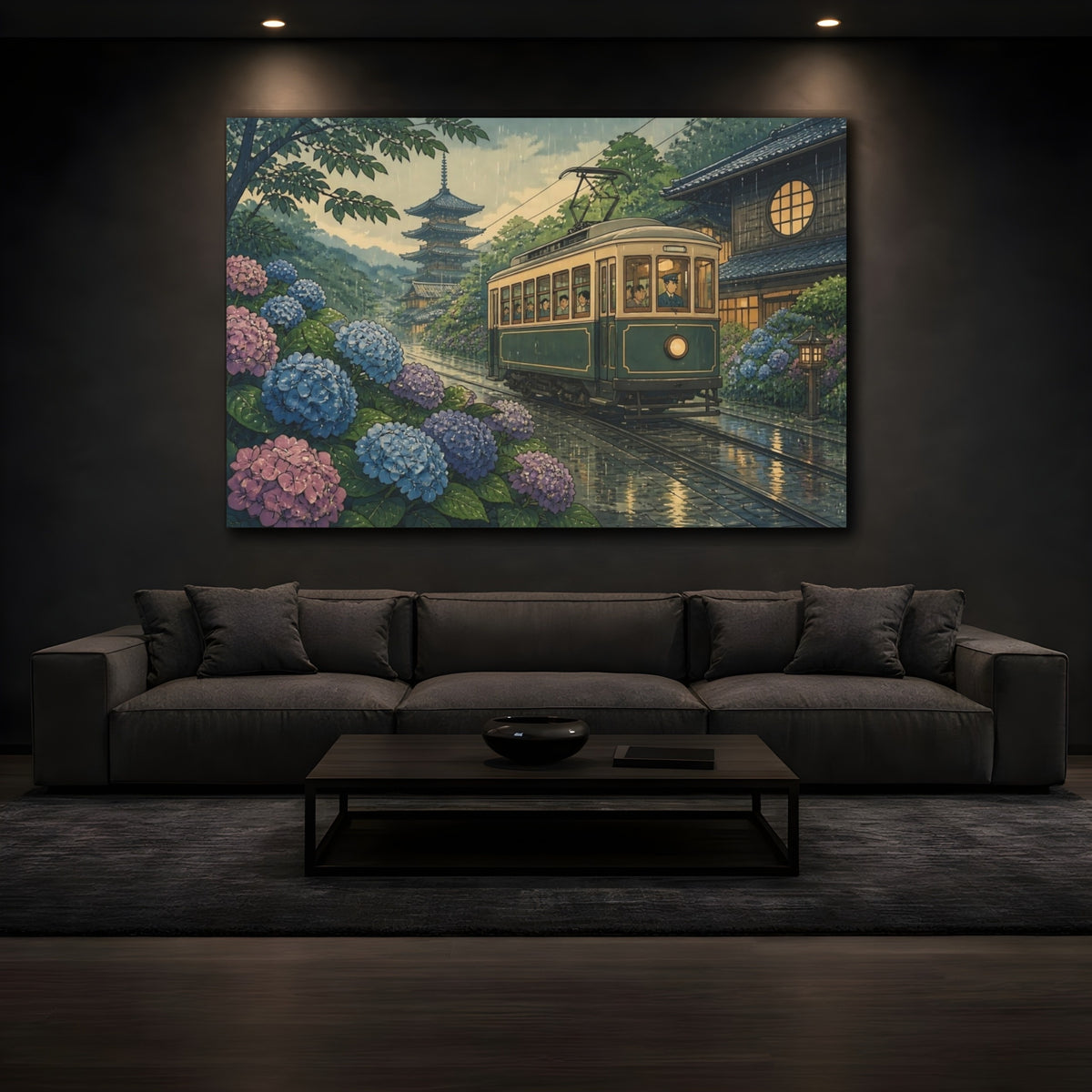 Mockup 3. Hydrangea Tram In Rain shown as canvas print