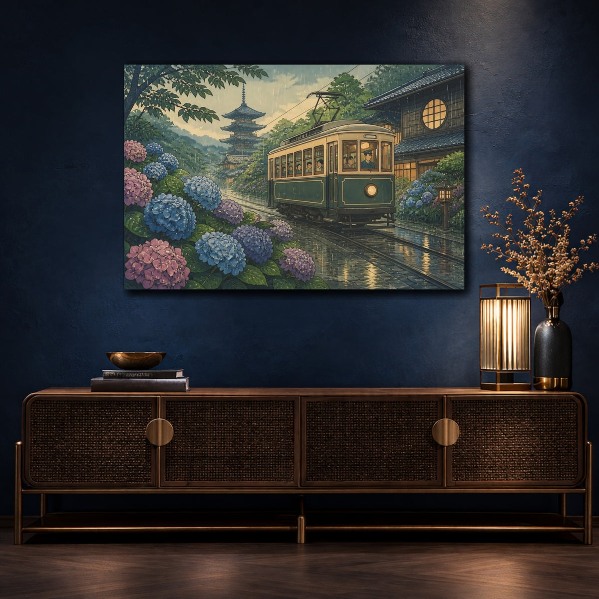 Mockup 4. Hydrangea Tram In Rain shown as canvas print
