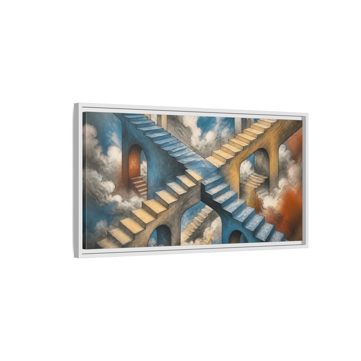 Side Mockup 1. Impossible Staircase Crossroads shown as framed canvas print