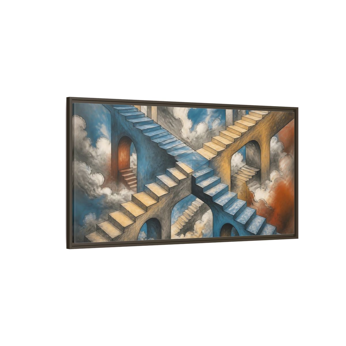 Side Mockup 4. Impossible Staircase Crossroads shown as framed canvas print