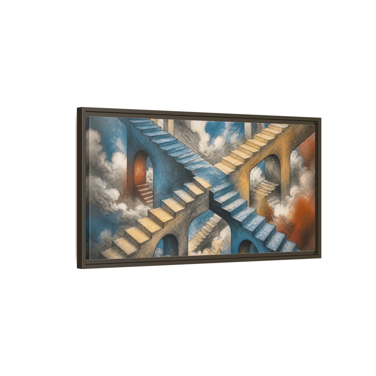 Main Mockup. Impossible Staircase Crossroads shown as framed canvas print