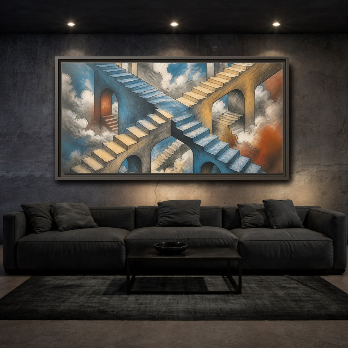 Mockup 3. Impossible Staircase Crossroads shown as framed canvas print