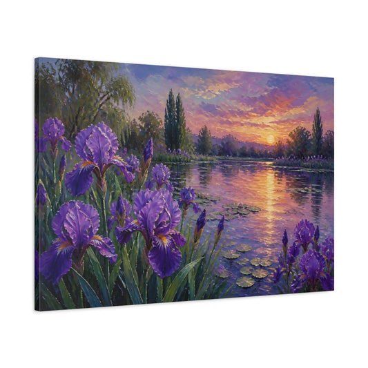 Main Mockup. Iris Flowers At Sunset shown as canvas print
