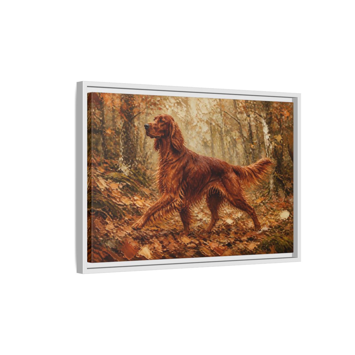 Side Mockup 1. Irish Setter Pets Portrait shown as framed canvas print