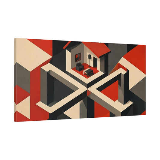 Main Mockup. Isometric Red House Interior shown as canvas print