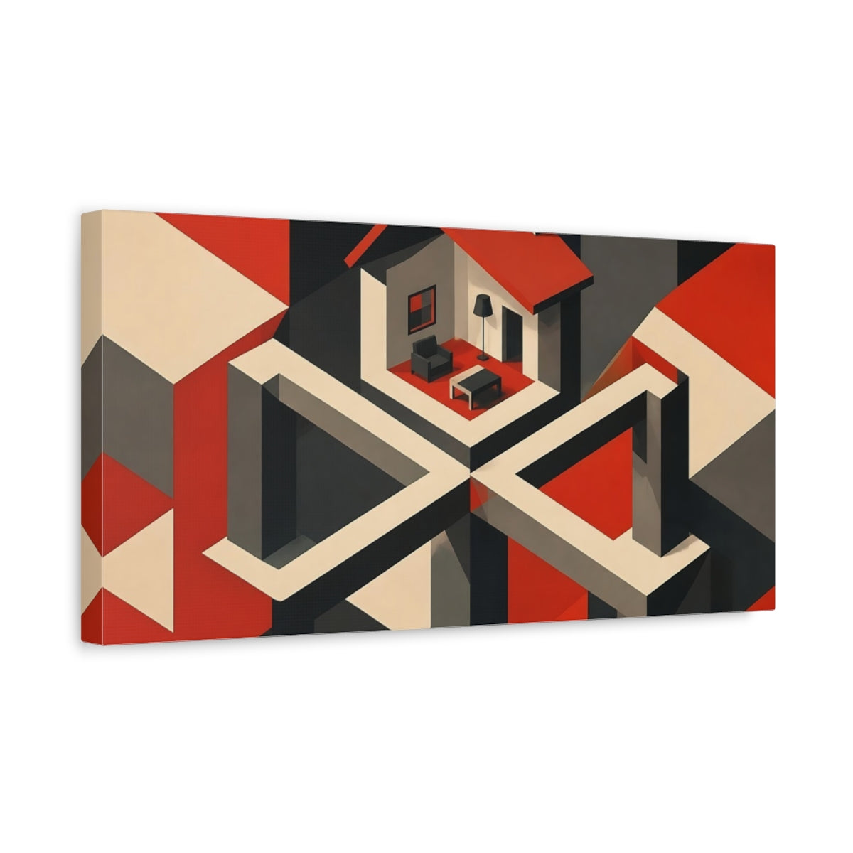 Side Mockup 3. Isometric Red House Interior shown as canvas print