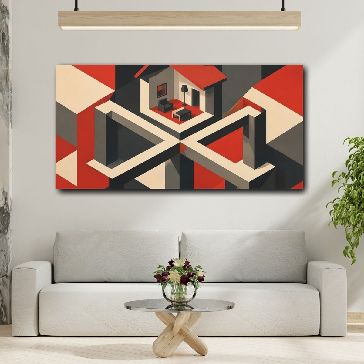 Mockup 2. Isometric Red House Interior shown as canvas print