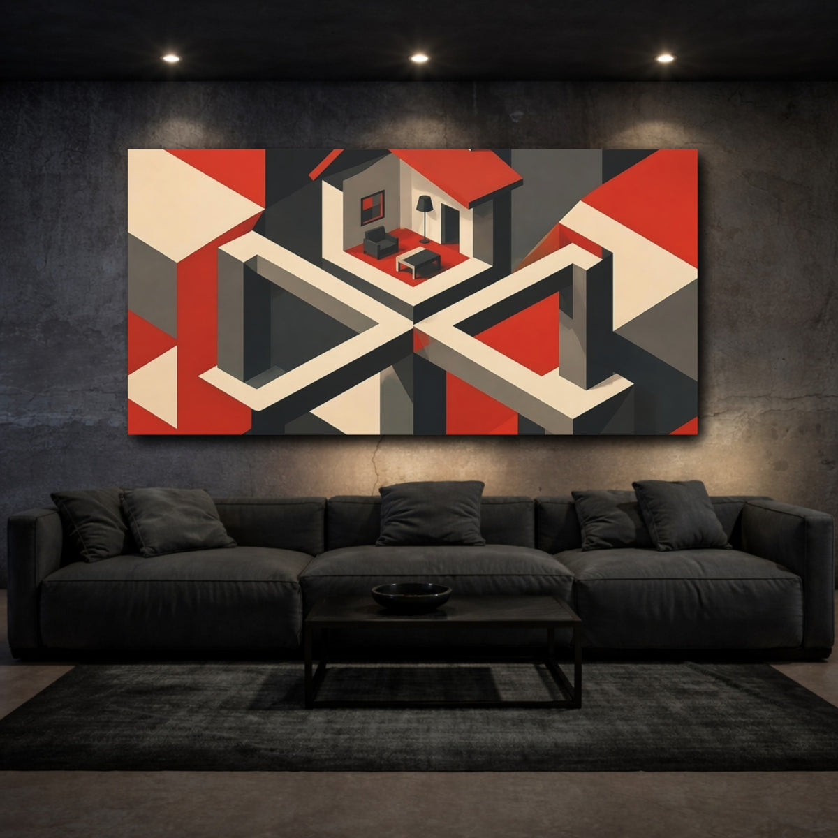 Mockup 3. Isometric Red House Interior shown as canvas print