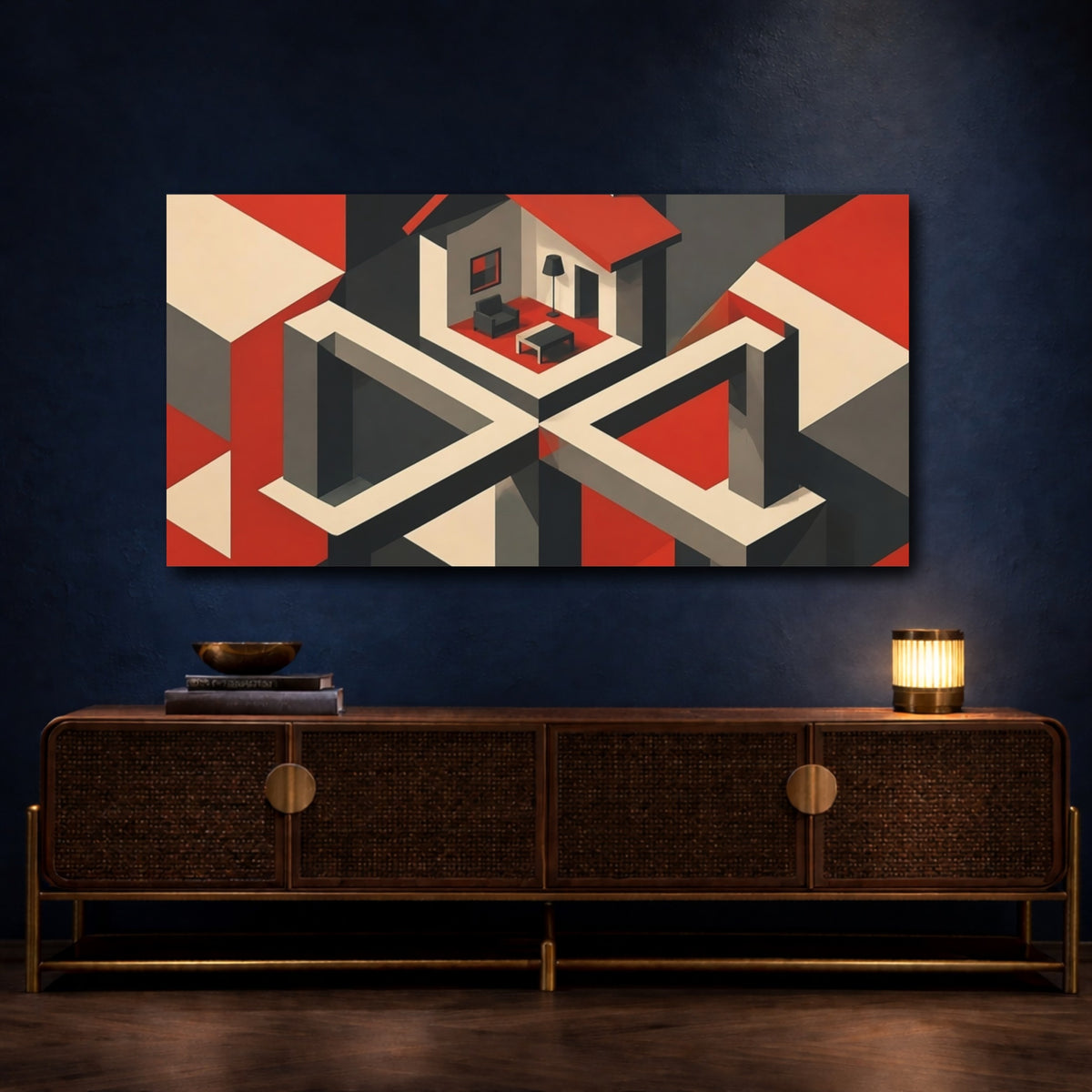 Mockup 4. Isometric Red House Interior shown as canvas print