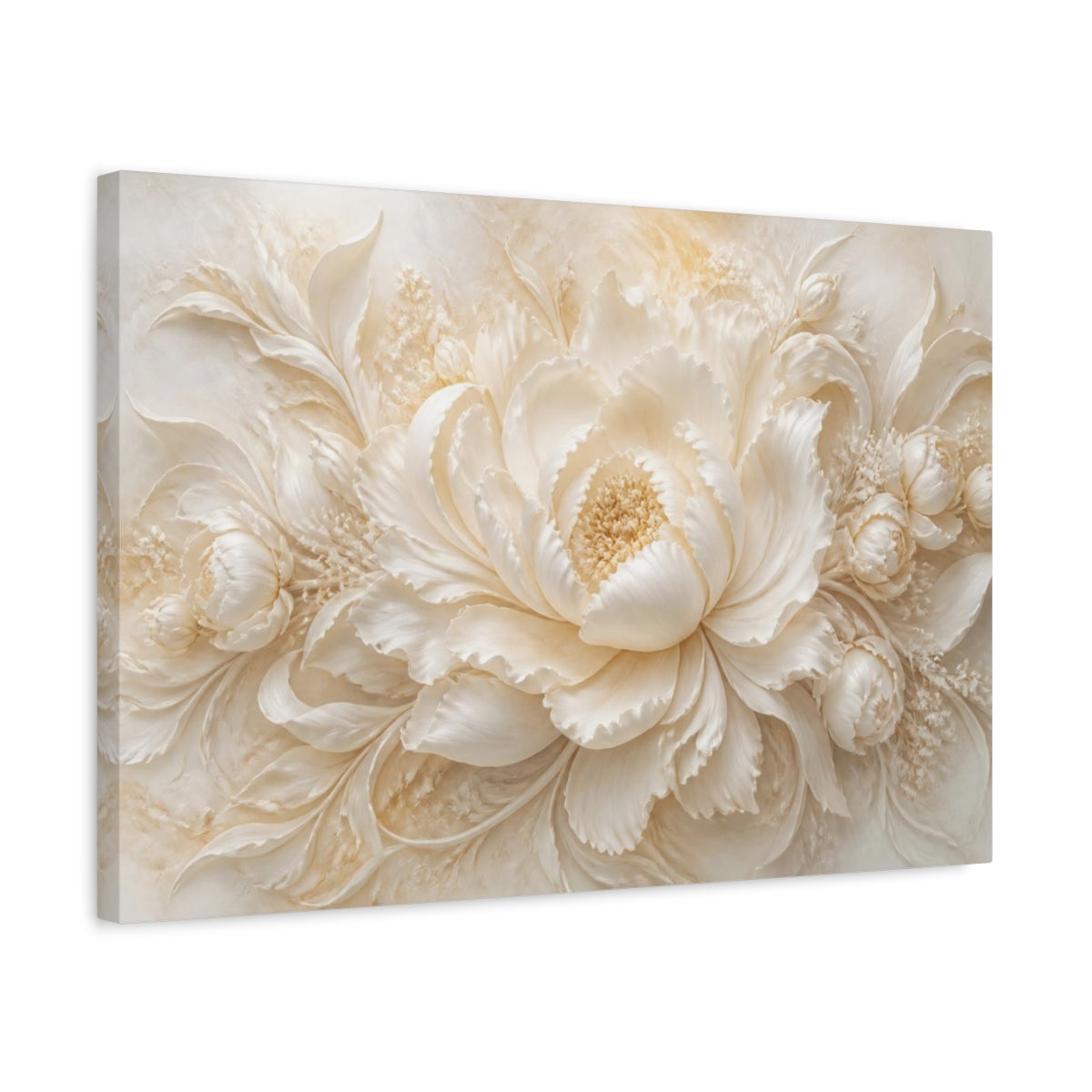Side Mockup 3. Ivory Floral Peony shown as canvas print