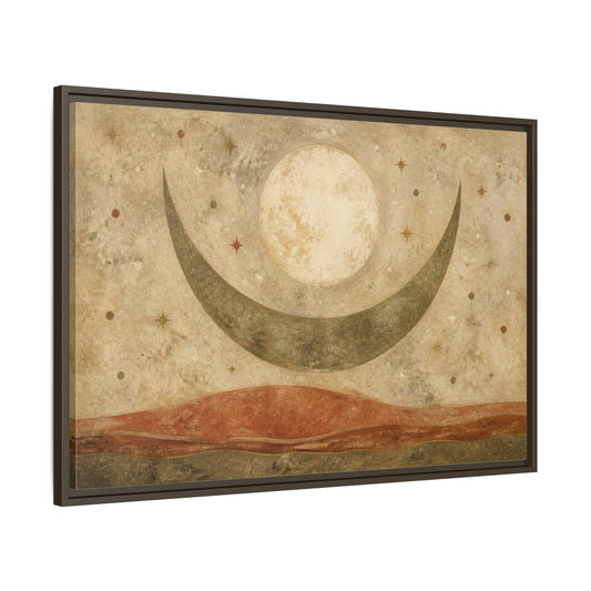 Main Mockup. Ivory Moon With Olive Crescent shown as framed canvas print