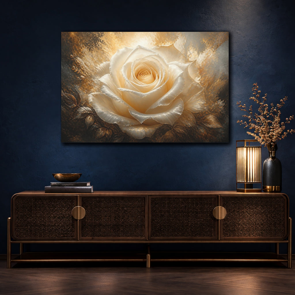 Mockup 4. Ivory Rose Flower Glow shown as canvas print