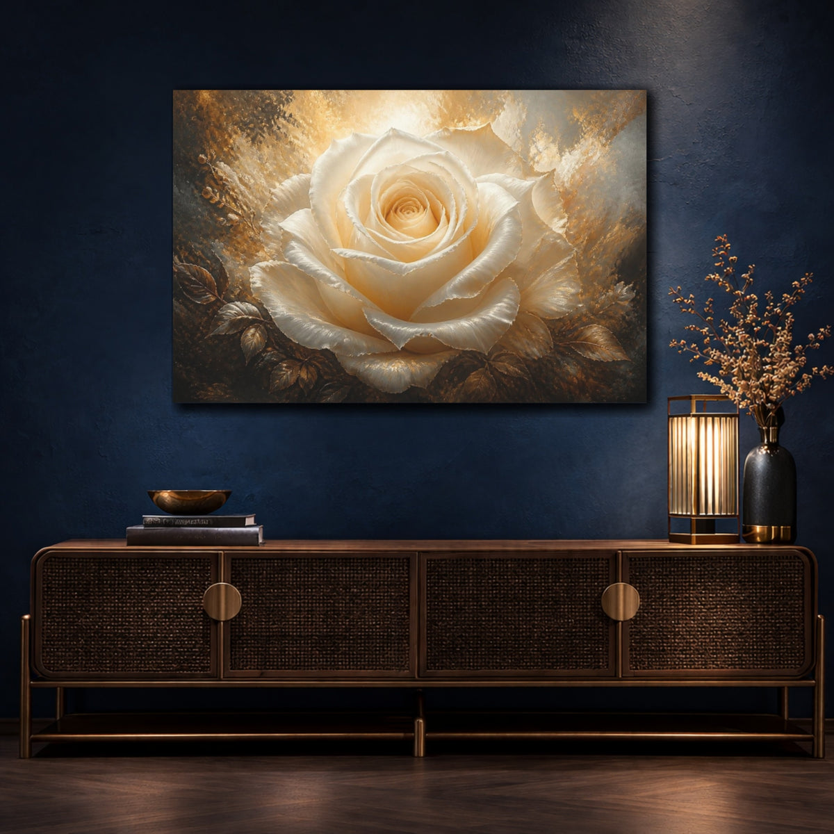 Mockup 4. Ivory Rose Flower Glow shown as canvas print