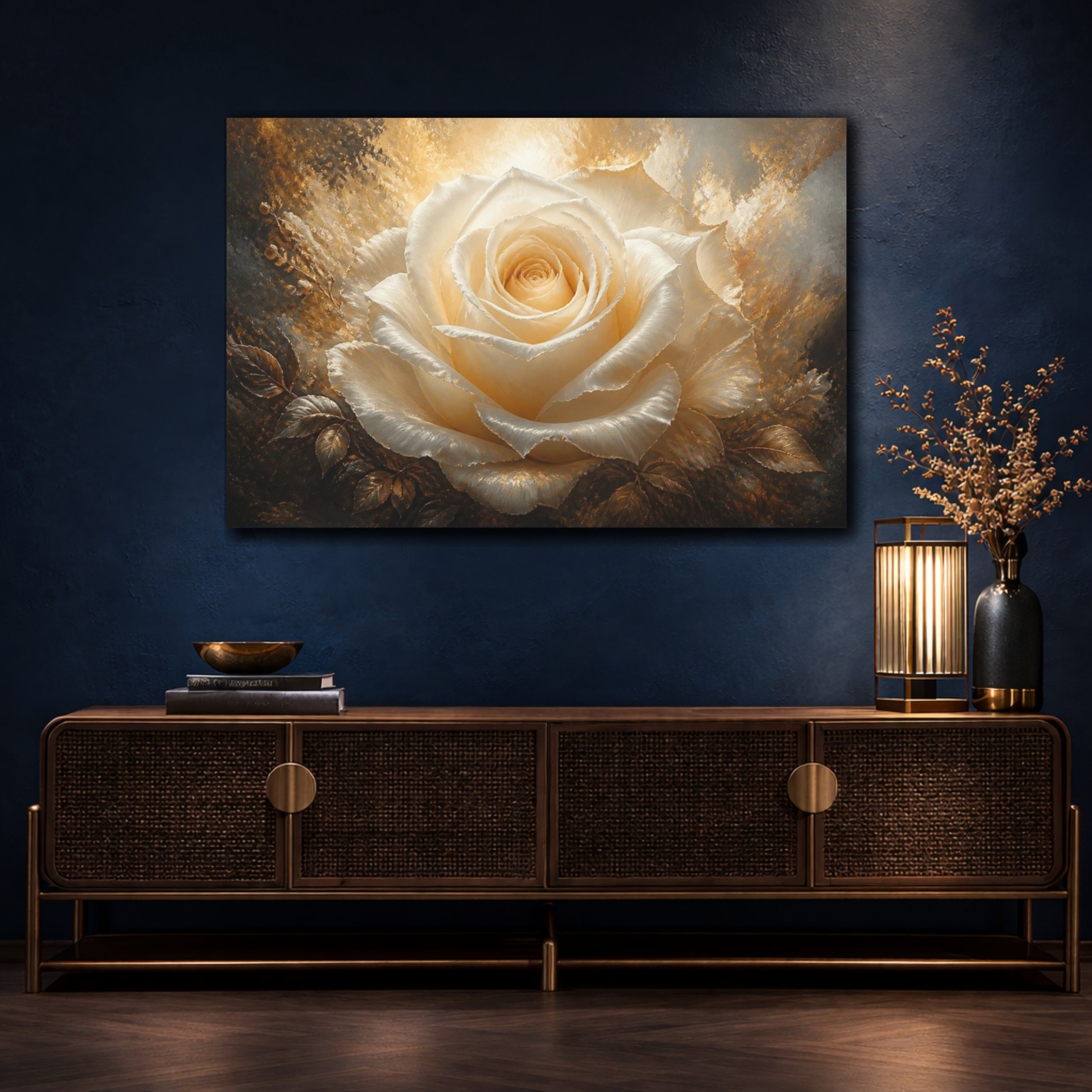 Mockup 4. Ivory Rose Flower Glow shown as canvas print