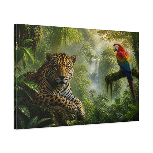 Main Mockup. Jaguar And Macaw Animals shown as canvas print