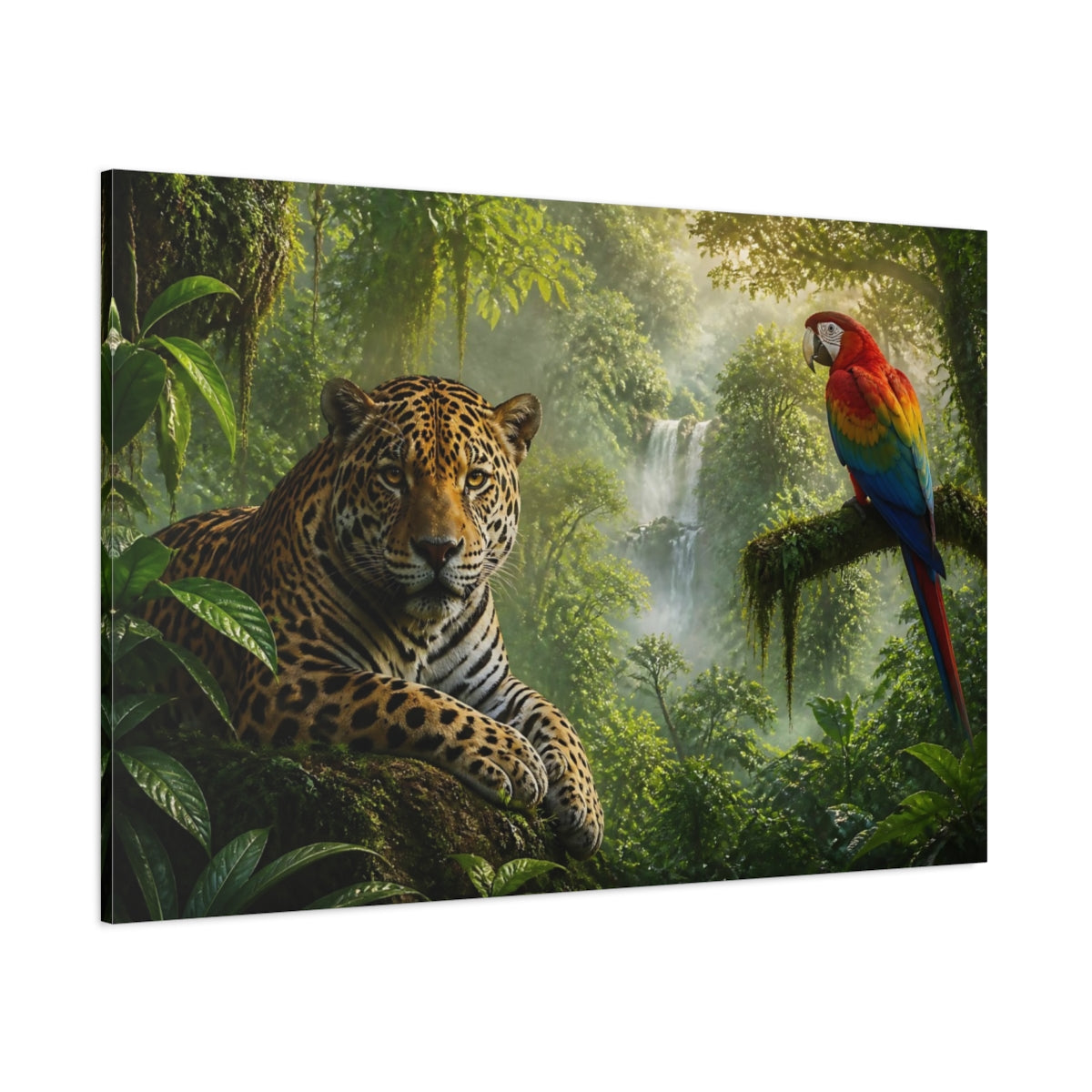 Side Mockup 1. Jaguar And Macaw Animals shown as canvas print