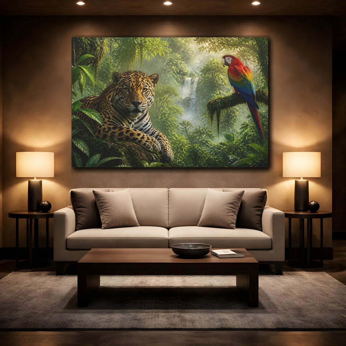 Mockup 2. Jaguar And Macaw Animals shown as canvas print
