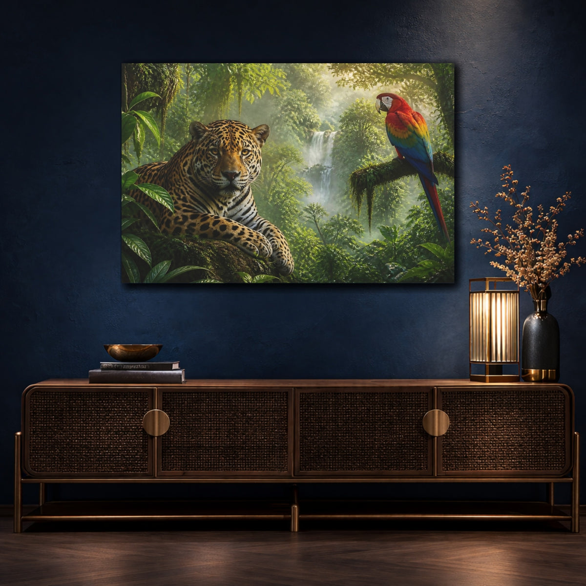 Mockup 4. Jaguar And Macaw Animals shown as canvas print