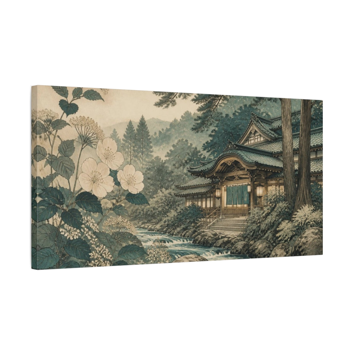 Side Mockup 1. Japanese Bathhouse By Stream shown as canvas print
