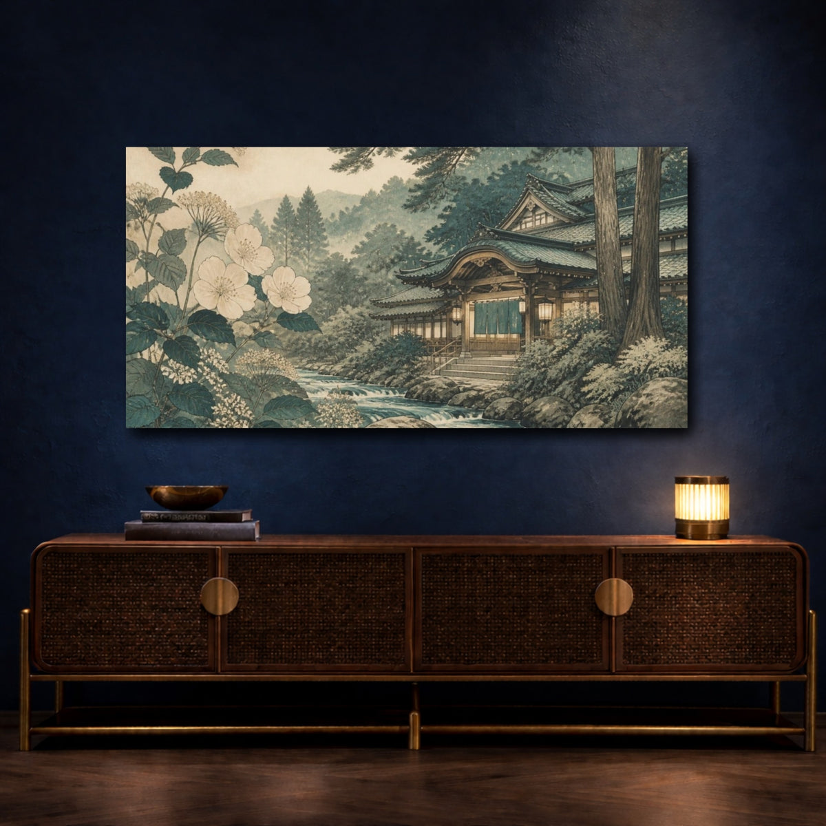 Mockup 4. Japanese Bathhouse By Stream shown as canvas print