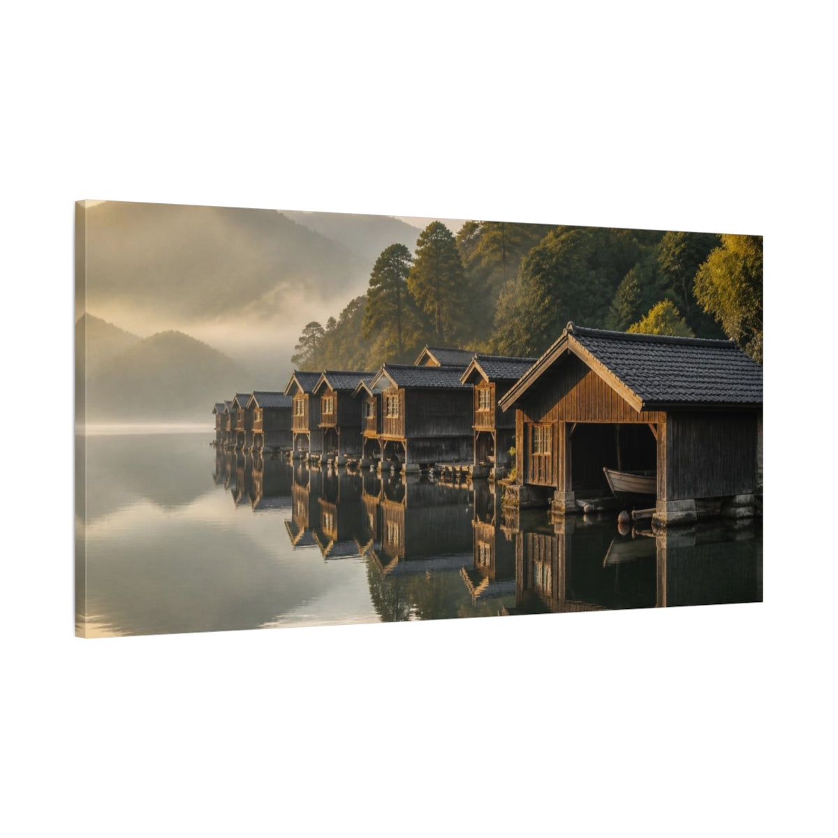 Main Mockup. Japanese Boathouse Reflections shown as canvas print