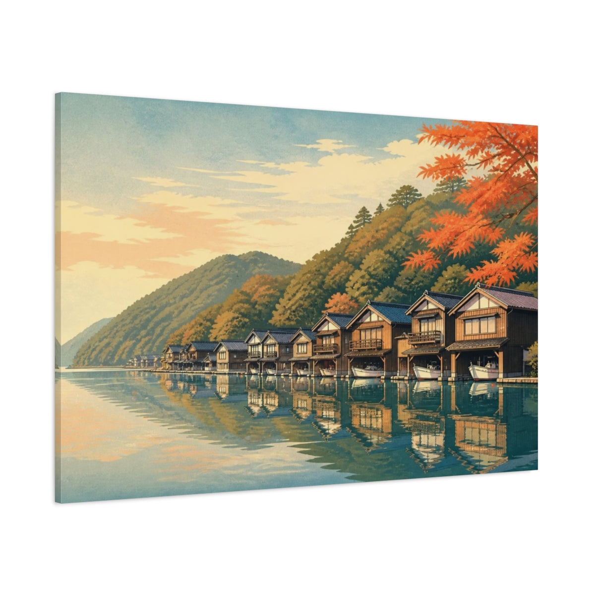 Side Mockup 1. Japanese Boathouse Reflections shown as canvas print