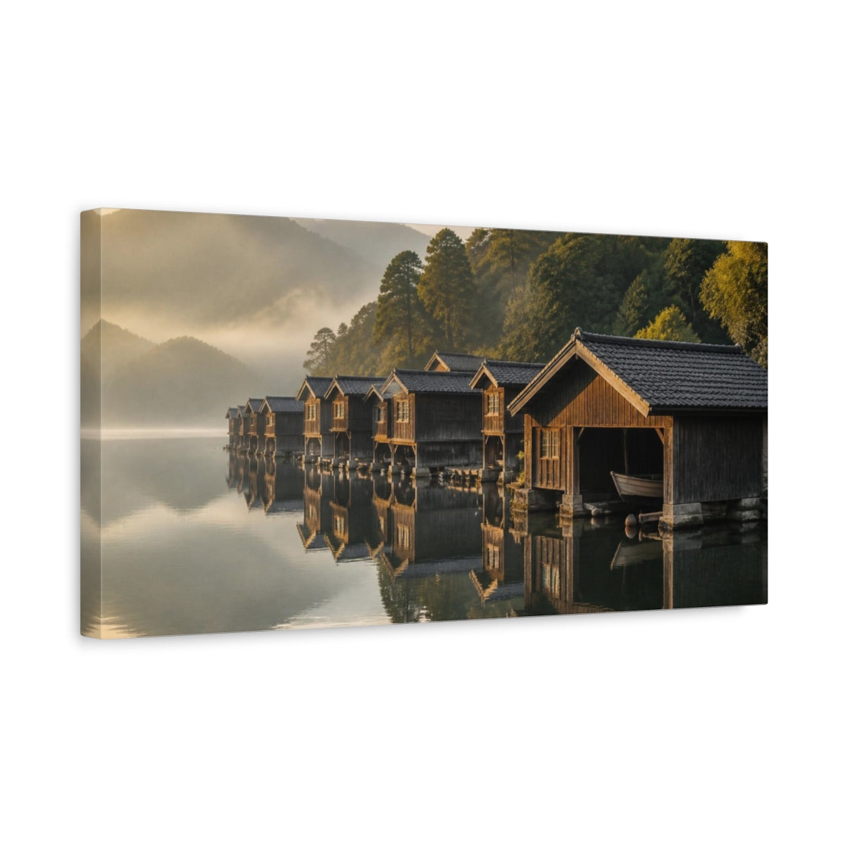 Side Mockup 3. Japanese Boathouse Reflections shown as canvas print
