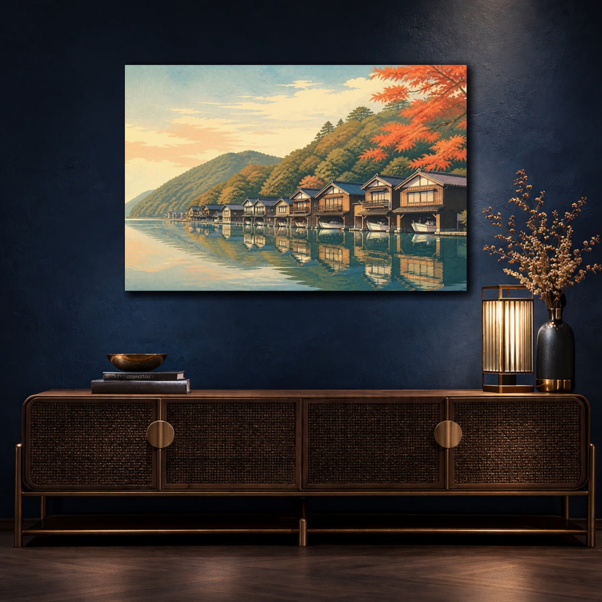 Mockup 4. Japanese Boathouse Reflections shown as canvas print