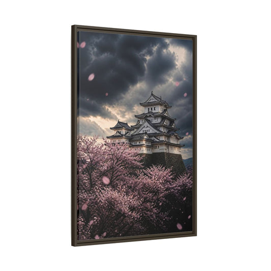 Main Mockup. Japanese Castle With Cherry Blossoms shown as framed canvas print
