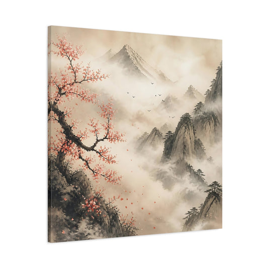 Main Mockup. Japanese Cherry Blossom Mountains shown as canvas print