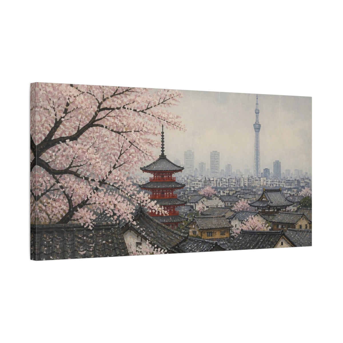 Side Mockup 1. Japanese Cherry Blossom Rooftops shown as canvas print