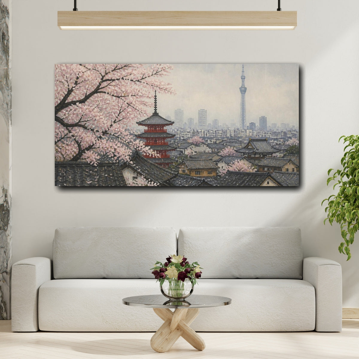 Mockup 2. Japanese Cherry Blossom Rooftops shown as canvas print