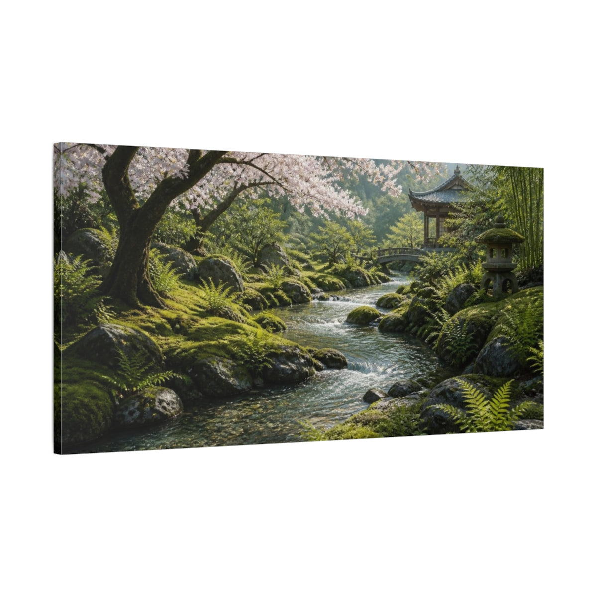 Main Mockup. Japanese Cherry Blossom Stream shown as canvas print