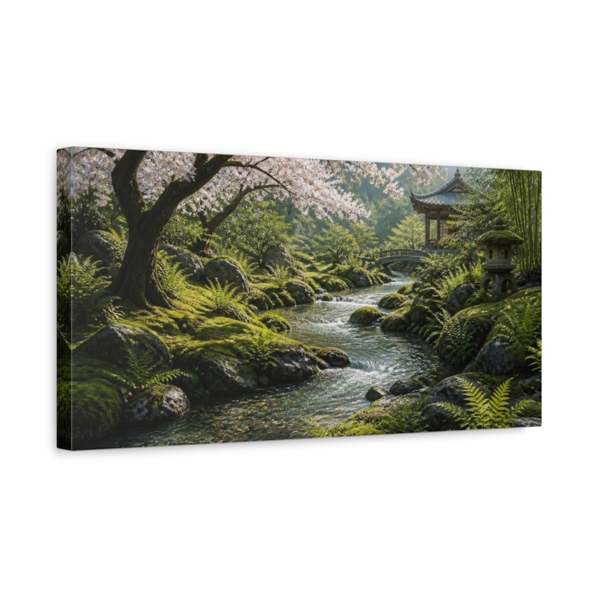 Side Mockup 3. Japanese Cherry Blossom Stream shown as canvas print