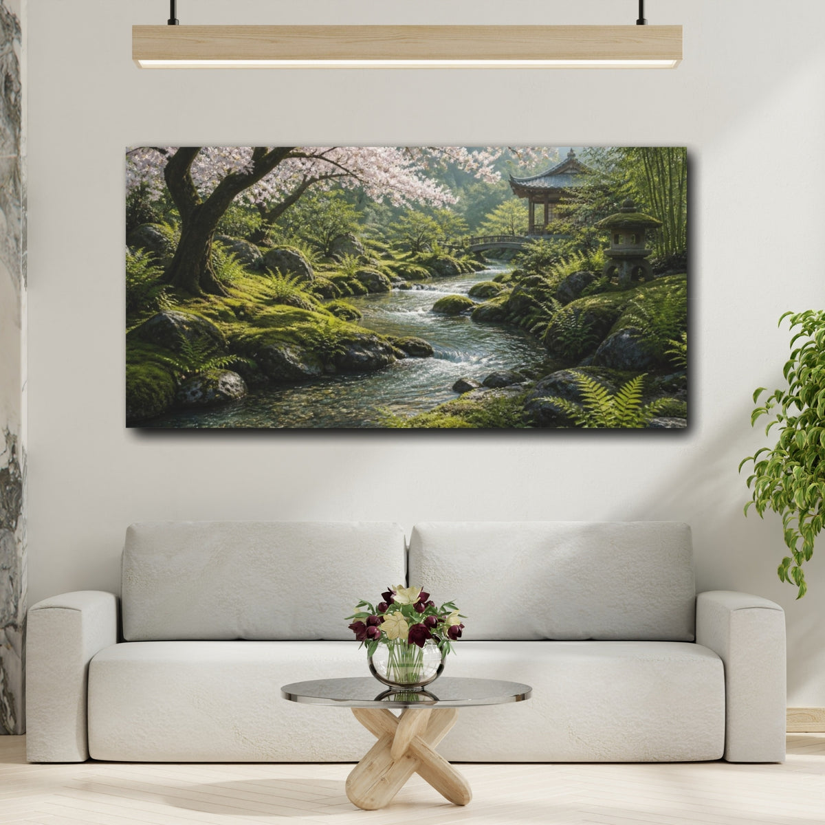 Mockup 2. Japanese Cherry Blossom Stream shown as canvas print