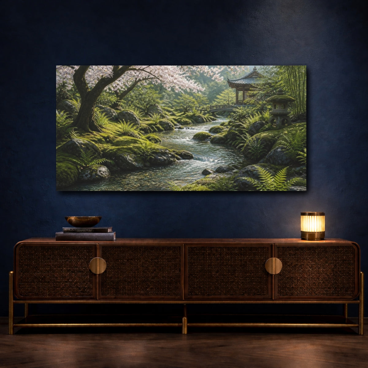 Mockup 4. Japanese Cherry Blossom Stream shown as canvas print