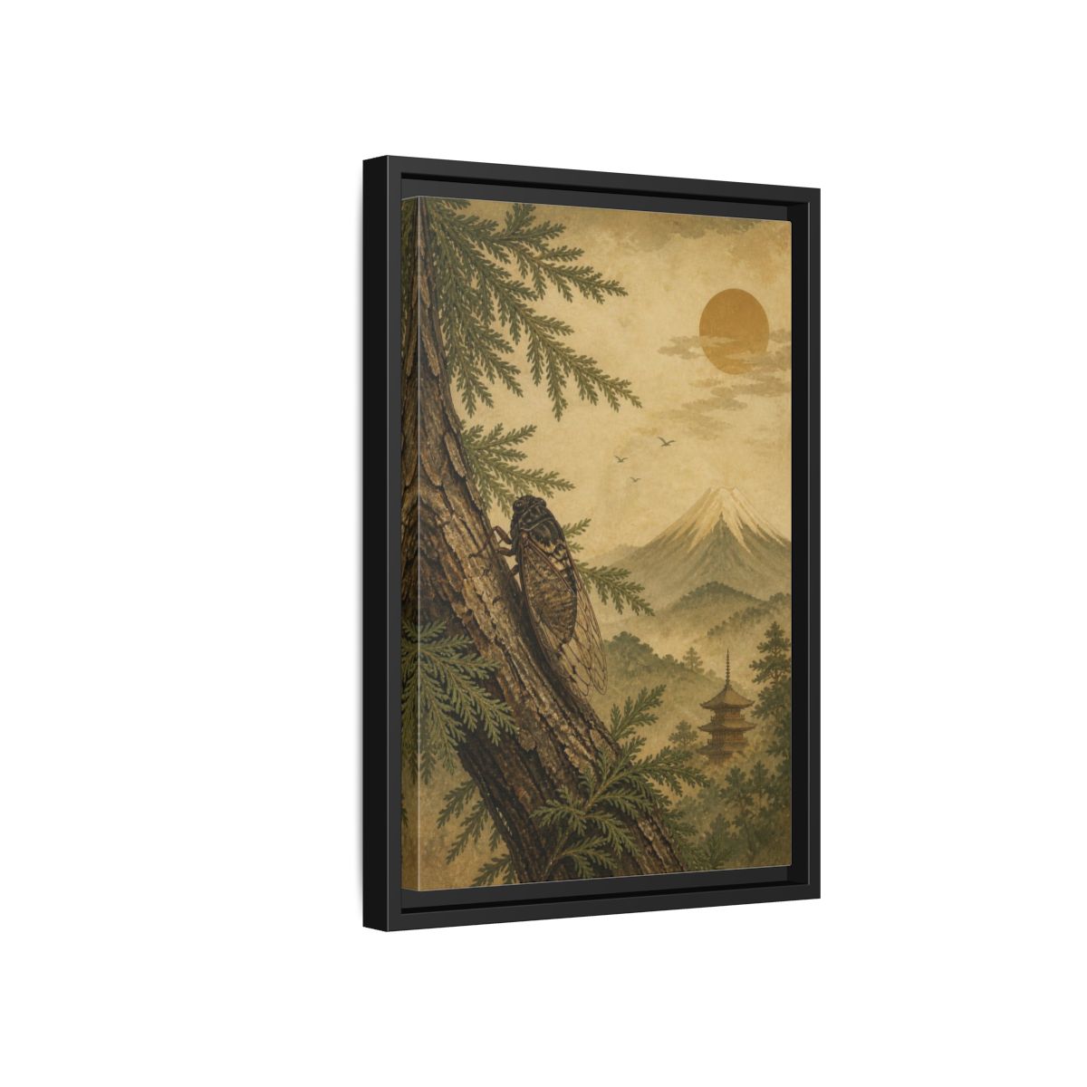 Side Mockup 6. Japanese Cicada On Cedar shown as framed canvas print