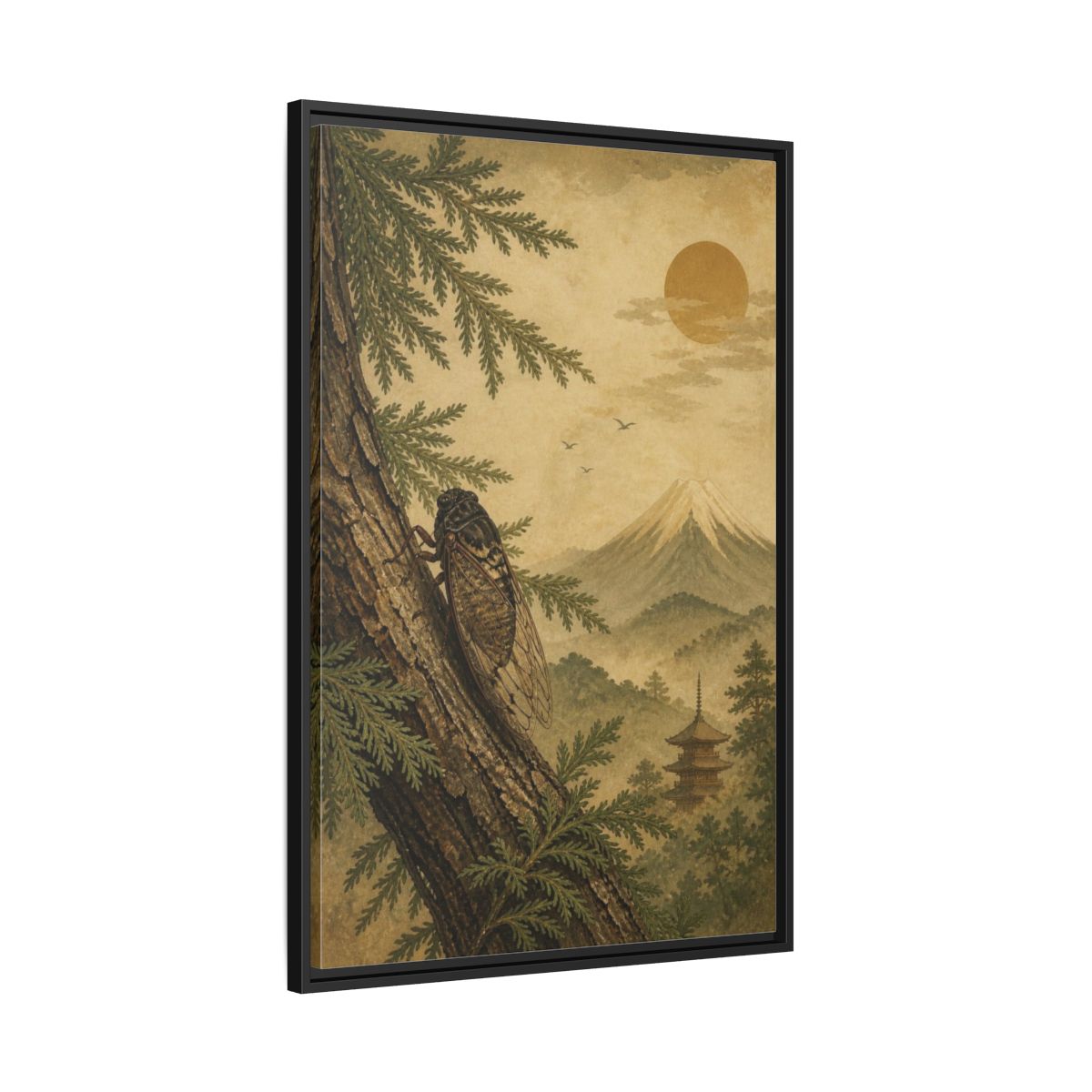 Side Mockup 13. Japanese Cicada On Cedar shown as framed canvas print