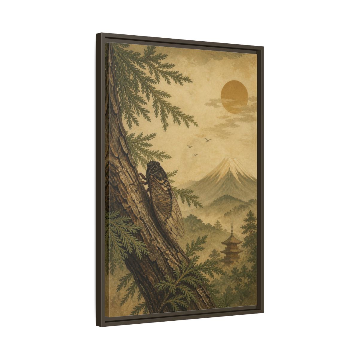 Side Mockup 11. Japanese Cicada On Cedar shown as framed canvas print