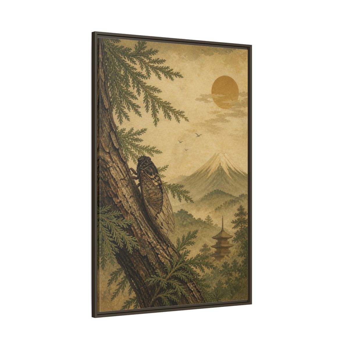 Side Mockup 8. Japanese Cicada On Cedar shown as framed canvas print