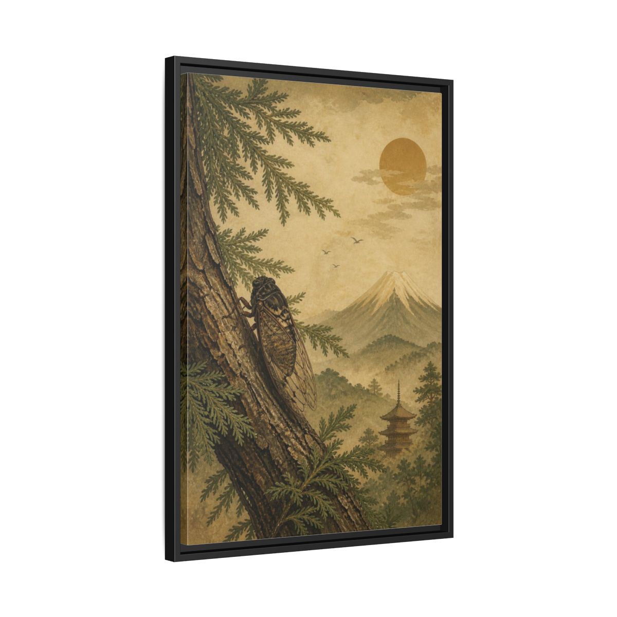 Side Mockup 14. Japanese Cicada On Cedar shown as framed canvas print