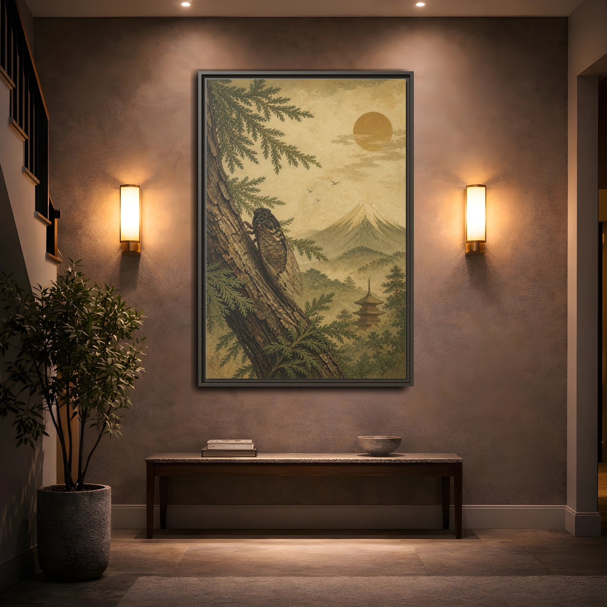 Mockup 2. Japanese Cicada On Cedar shown as framed canvas print