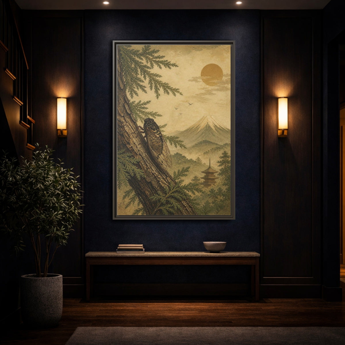 Mockup 4. Japanese Cicada On Cedar shown as framed canvas print