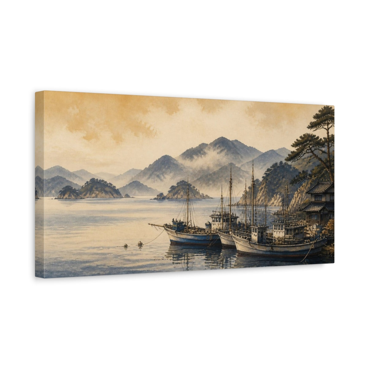 Side Mockup 3. Japanese Coastal Fishing Boats shown as canvas print