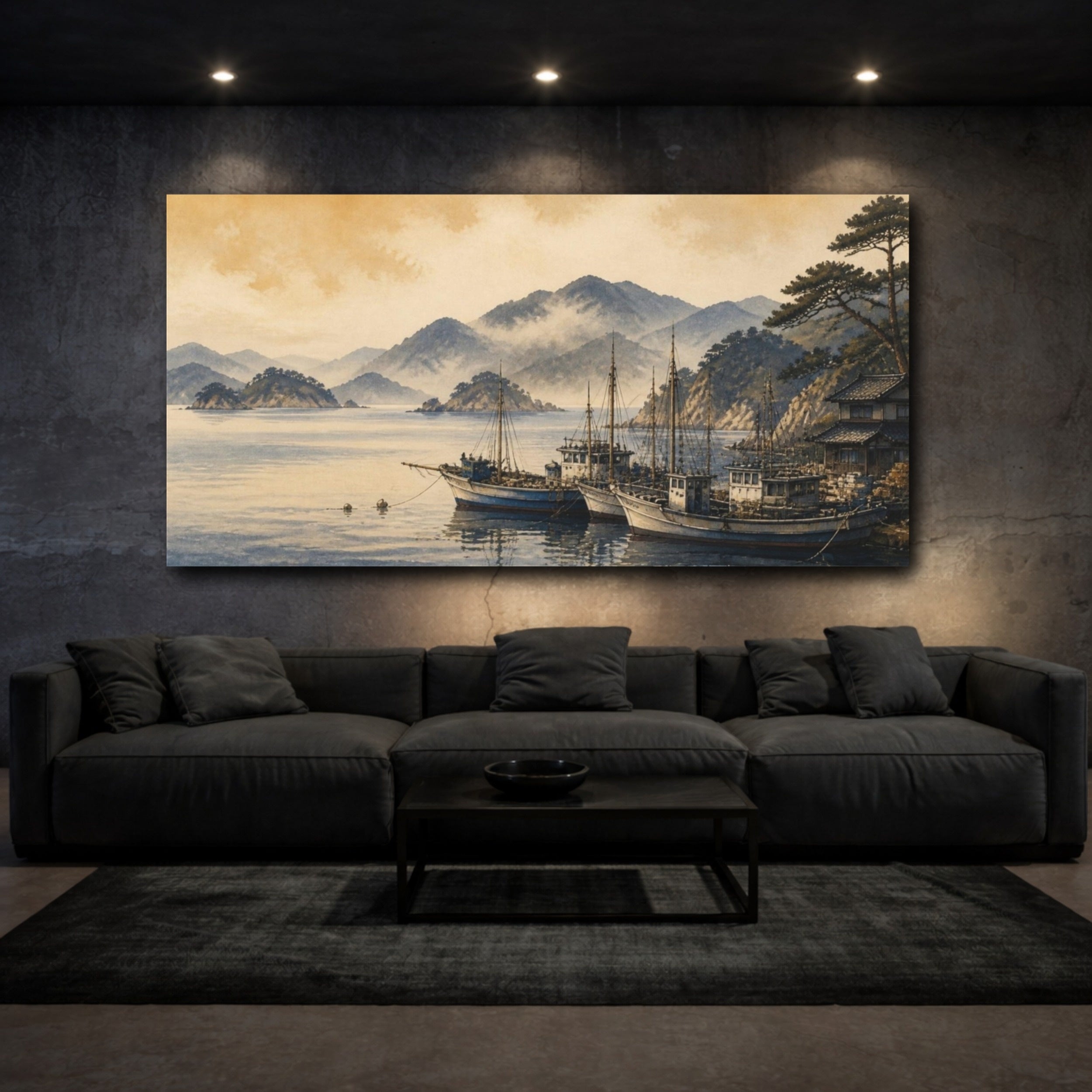 Mockup 3. Japanese Coastal Fishing Boats shown as canvas print