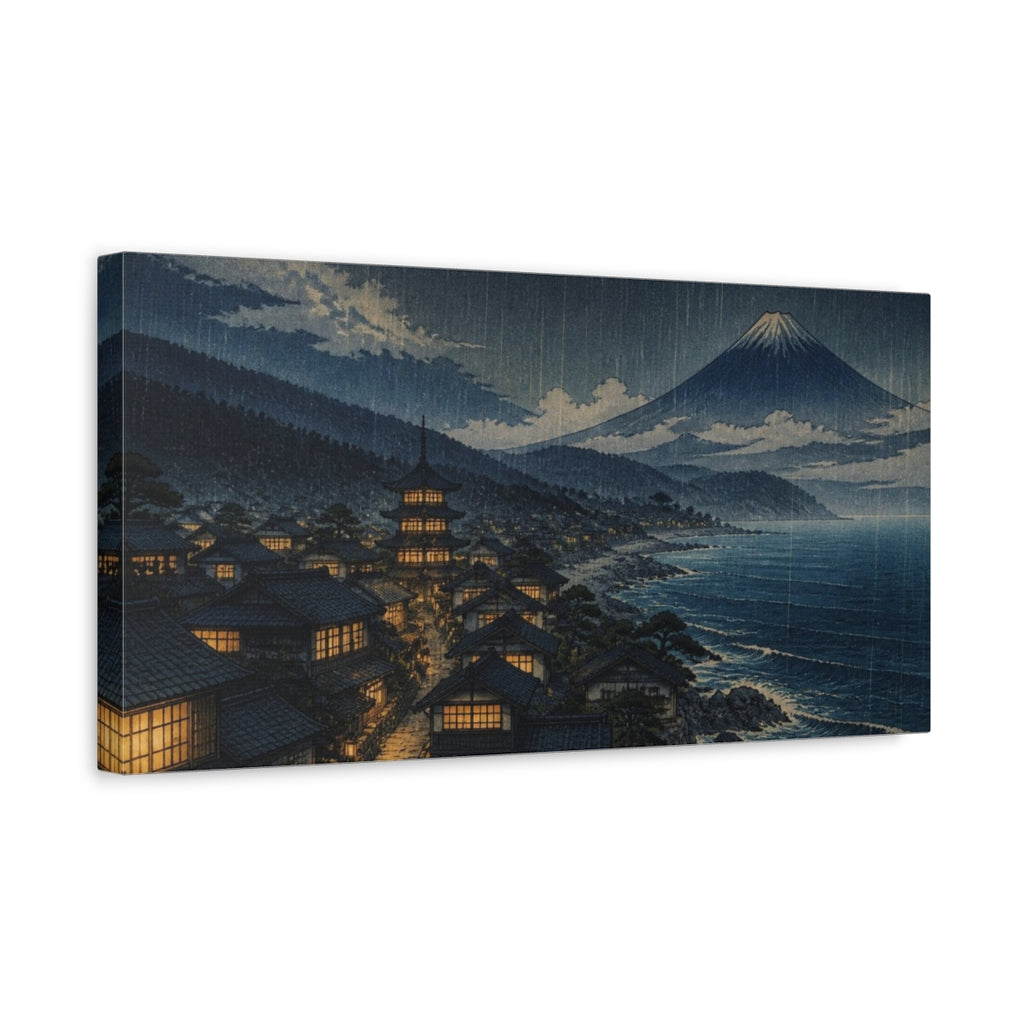 Side Mockup 3. Japanese Coastal Village At Night shown as canvas print