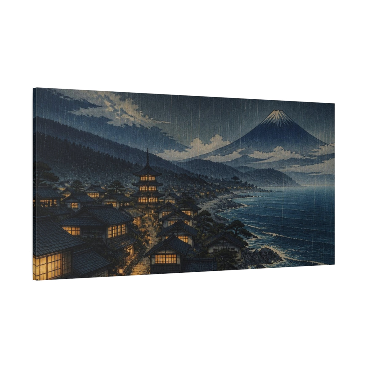Side Mockup 2. Japanese Coastal Village At Night shown as canvas print