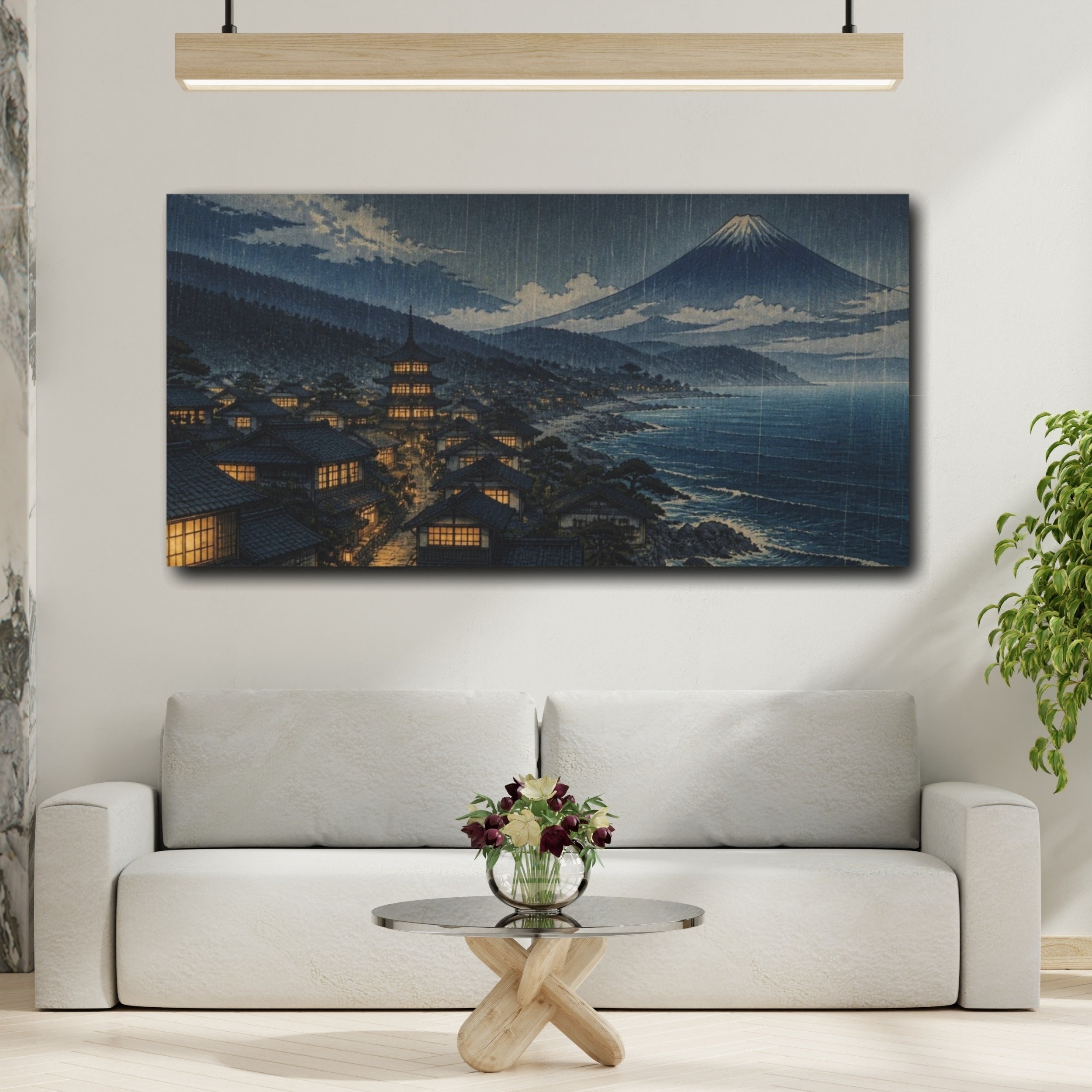 Mockup 2. Japanese Coastal Village At Night shown as canvas print